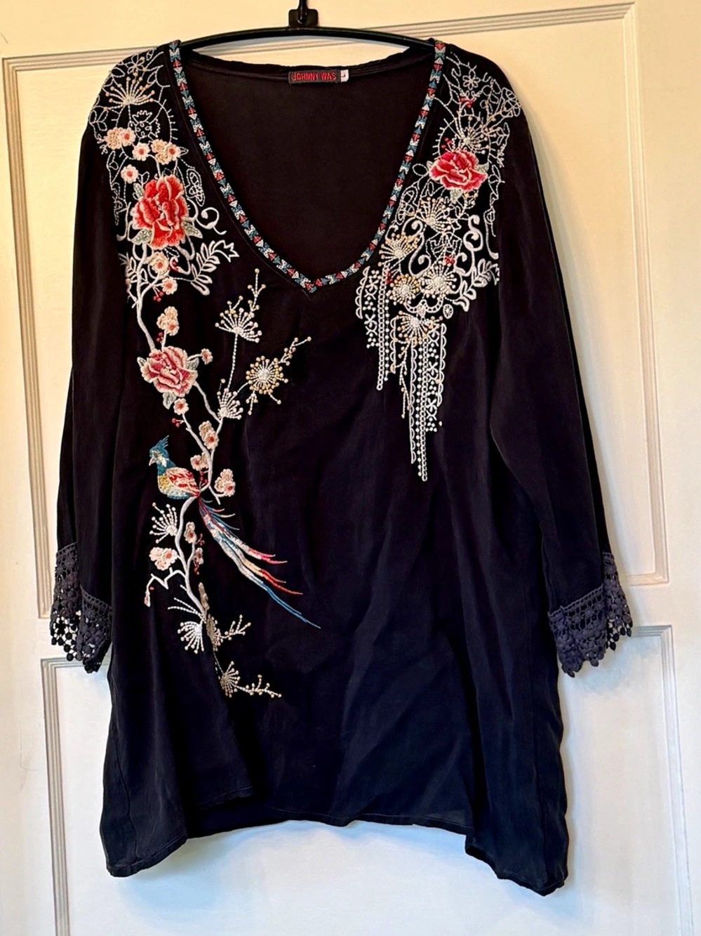 Johnny Was Black Embroidered V-Neck Tunic with Floral and Bird Motif